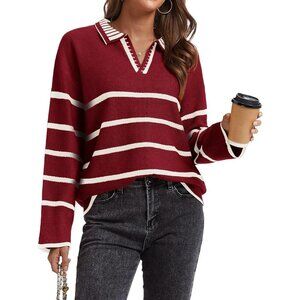 Women’s Burgundy Fall Polo Sweater Striped V Neck Long Sleeve Pullover